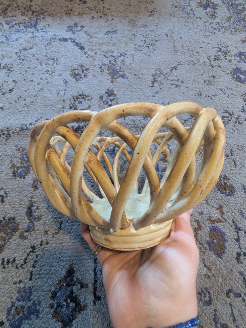 Vintage UNIQUE Stoneware Woven Basket Off White Speckle Pattern 7.5" x 5.5" - Picture 5 of 5